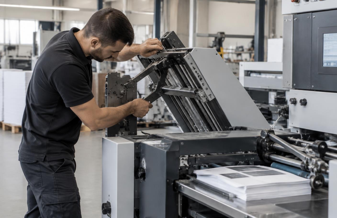 Servicetechniker justiert ein Falzwerk an einer Falzmaschine in einer Druckweiterverarbeitung
